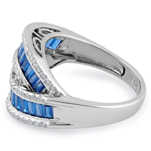 925 STERLING SILVER Blue Spinel & Cubic Zirconia Crossover Ring - Picture 13 of 15